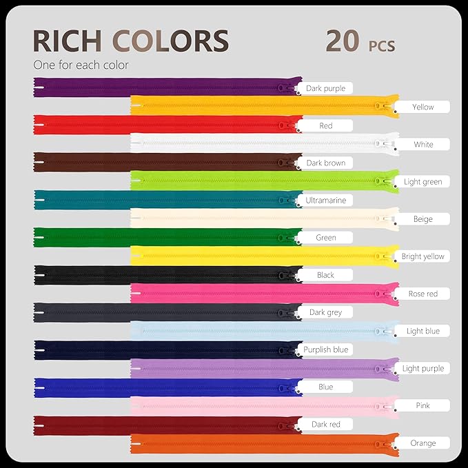 20Pcs Resin Zippers #5 Non-Separating Close-End Zipper with Pulls for Sewing Clothing Bag Outerwear Pockets Handbag Crafts DIY Mixed 20 Colors (40cm/16in)