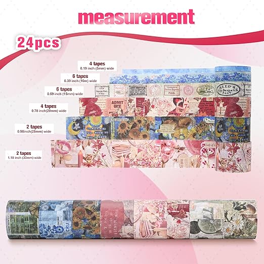 24 Rolls Washi Tape Set,Vintage Floral Decorative Masking Tape for Scrapbooking Supplies,Junk Journal,DIY Crafts,Gift Wrapping(Retro Medieval Series)