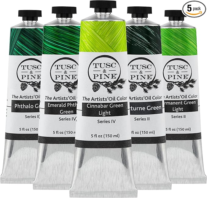 Tusc & Pine Artist Oil Paint - Set of 5, 150 ml, Vibrant Greens, 750 ml of Non-Yellowing, Creamy Consistency, Maximum Pigment Load, Small Batch Oil Paints Made in the USA for Professional Artists