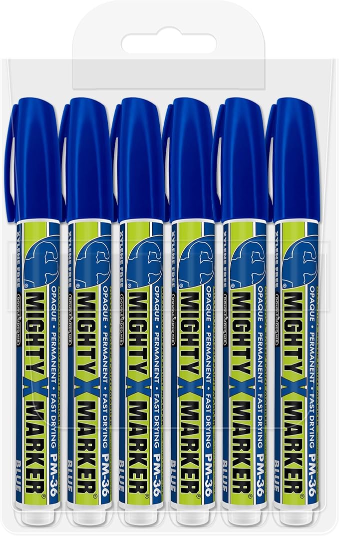 PM-36 Paint Marker, 2.3mm Bullet Tip, Permanent & Waterproof, DIY Crafts, Drawing, Glass, Ceramic, Stone, 6 Bonus Reversible Tips, Made in USA, Blue 6 Pack