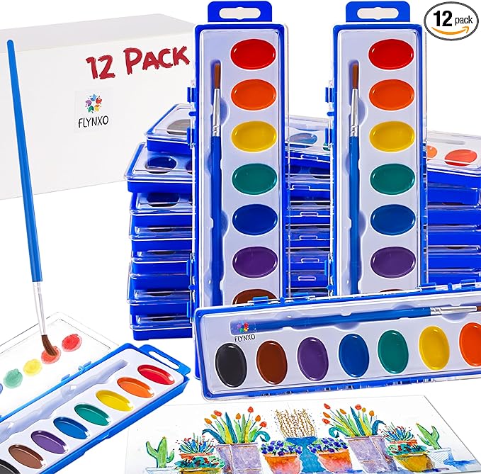 (Pack of 12) Water Color Paint Sets for Kids - Bulk Watercolor Kits for School, Classroom & Birthday Parties - Mini Paint Sets with 8, Non-Toxic Colors with ASTM D-4236 Certified, Each Perfect for Toddlers, Young Artists & Creative Learning