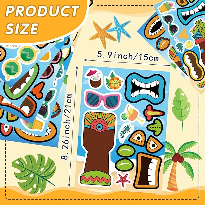 24 Sheets Summer Stickers, Make a Tiki Face Sticker, Tropical Hawaiian Stickers Make Your Own Tiki Sticker for Kids Summer Luau Party Favors Decoration