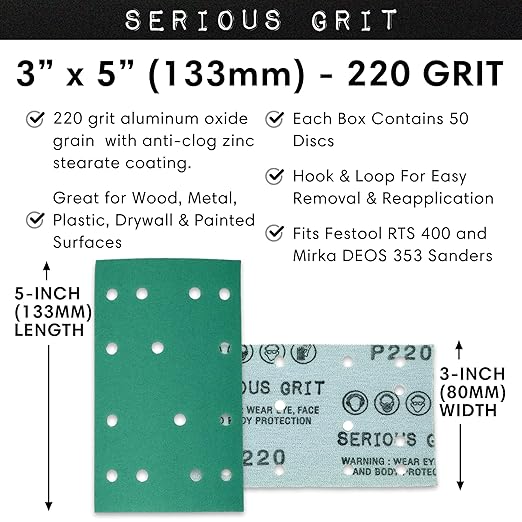 Serious Grit - 3" x 5" (80mm x 133mm) 14-Hole 220 Grit Sanding Sheets - Fits Festool RTS 400 & Mirka Deos 353 - Heavy-Duty Hook & Loop Film Abrasives - Sandpaper for Sheet Sanders - 50 Pack Box