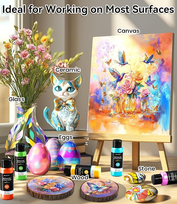 52 PCS Metallic Acrylic Paint Set with 12 Brushes, 2 Knives & Palette, 36 Colors (2oz/60ml) Art Craft Paint for Adults Kids Artists Beginners, Canvas Ceramic Rocks Wood Painting Kit Art Supplies