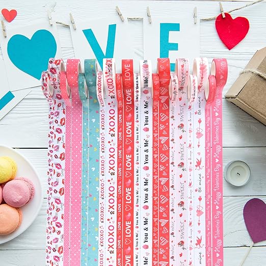 MIAHART 20 Rolls Valentines Washi Tape Set, Pink Heart Washi Tape 8MM/15MM Wide Love Craft Tape Valentines Gift Wrapping Tape for DIY Valentine's Day Greeting Card, Holiday Party Supplies