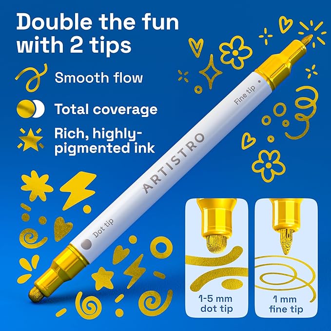 ARTISTRO 5 Gold Acrylic Paint Markers for Rock, Fabric, Wood, Glass, Craft, Decoration - Dual-Tip Paint Pens - Stocking Stuffers, Christmas Gift Idea for Teens, Grandkids, Kids - Art Supplies