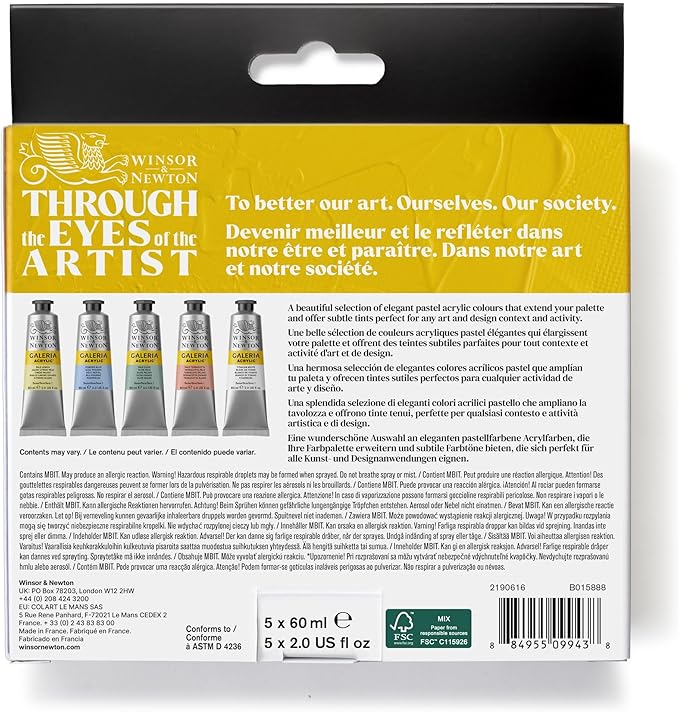 Winsor & Newton Galeria Acrylic Paint Set, 5 x 60ml (2-oz) Tubes, Pastel