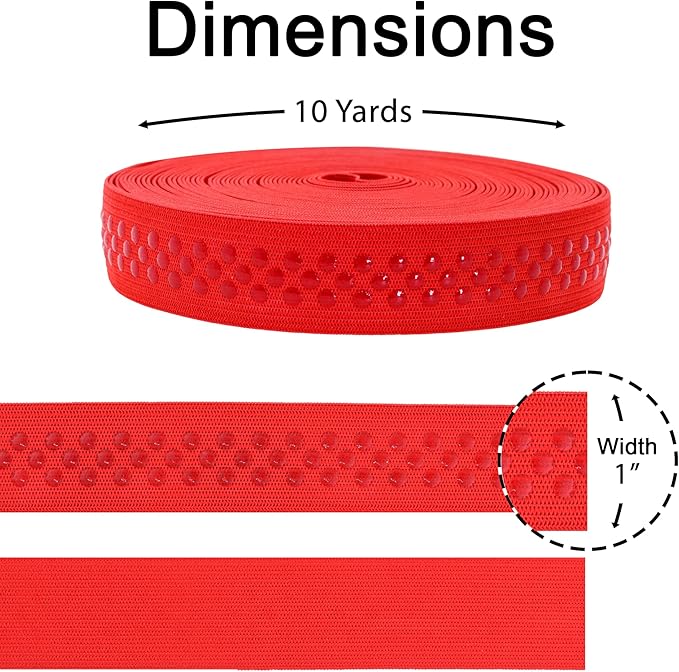 Mandala Crafts 1 Inch Elastic Silicone Gripper Tape for Clothing - 10 Yds Dotted Non Slip Elastic Band for Sewing - Red Silicone Flat Fabric Stretchy Ribbon Straps
