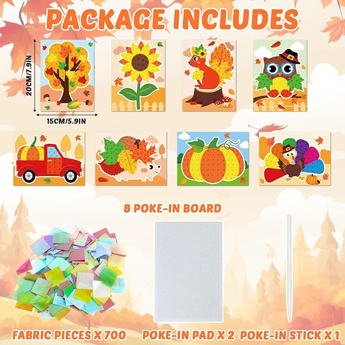 8PCS Poke-in Craft Art Kit Fall Thanksgiving No-Mess Fabric Sewing Puzzle Puncture Painting DIY Turkey Pumpkin Fall Harvest Toy Gift Creative Activity Game Birthday Party