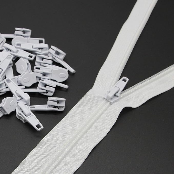Leekayer Nylon Zipper - 10 Yards Continuous, 5# Cuttable, With 25 White Zipper Pull Sliders for Craft Bag