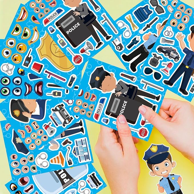24 Sheets Make Your Own Policeman Stickers, Make-a-face Stickers, Educational Theme Gift for Kids, Birthday Party School Classroom Teacher Reward