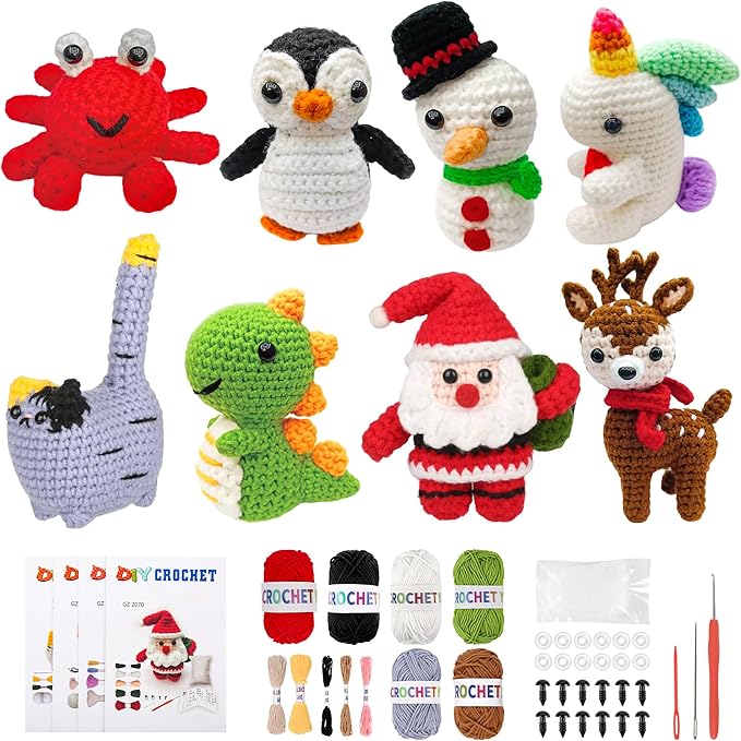 Yayvokuv 8Pcs Crochet Kit for Beginners, 2026 Great Christmas Gift for Crochet Lovers, DIY Craft for Adults, Crocheting Animal Kits with Step by Step Videos, Yarn, Crochet Hook (Brown)