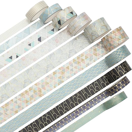 YUBX Creative Washi Tape Set 10 Rolls Gold Foil Print Decorative Masking Tapes for Arts, DIY Crafts, Journals, Planners, Scrapbook, Wrapping (Geometric Order)
