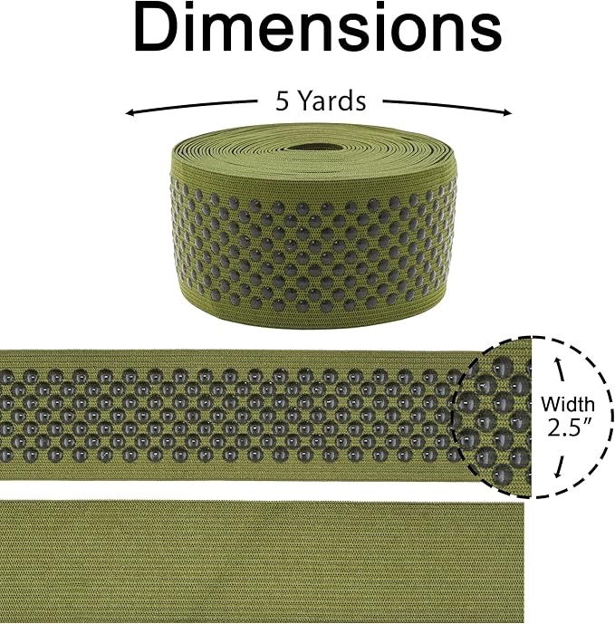 Mandala Crafts 2.5 Inch Elastic Silicone Gripper Tape for Clothing - 5 Yds Dotted Non Slip Elastic Band for Sewing - Olive Green Silicone Flat Fabric Stretchy Ribbon Straps