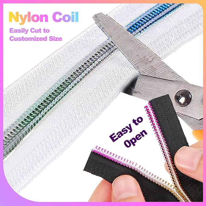 #5 Rainbow Zipper Tape by The Yard 5 Yards Colorful Teeth Nylon Zippers with 10 Pcs Metal Rainbow Zipper Pullsfor DIY Sewing Tailor Crafts (White，Rainbow)