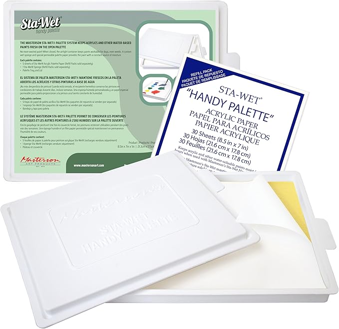 Masterson Sta-Wet Handy Palette Bundled Set, with 30 Acrylic Paper Refill Sheets, 8.5in x 7in Airtight Wet Painting Palette, Keeps Wet Paint Fresh for Days, Made in USA