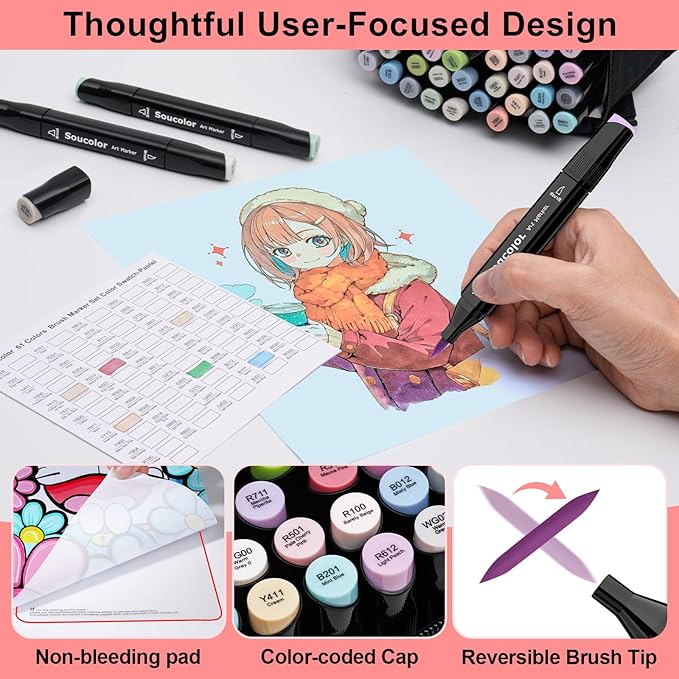 Soucolor 61 Colors Pastel Alcohol Based Markers Set | Professional Dual Tip Art Markers with Brush & Chisel Tips | Includes 1 Blender & Carry Case | For Artists, Adults Coloring, Drawing, Illustration