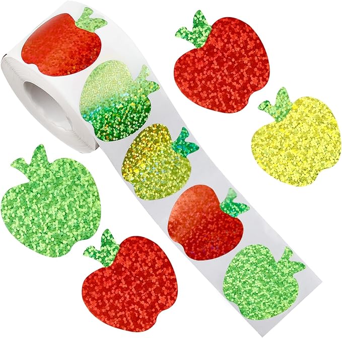500Pcs Sparkly Laser Apple Decals for Teacher Rewards 1 roll Back to School Apple Stickers Roll for First Day of School Party Supplies Envelope Scrapbook Decor