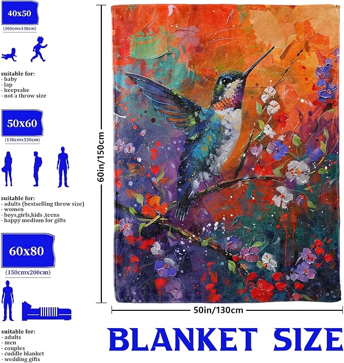 Colorful Hummingbird Throw Blanket for Boys Girls Kids Adults Women, Fuzzy Warm Soft Cozy Flannel Blankets Gifts for Bedroom, Couch, Travel, Home Decor 60x80 in