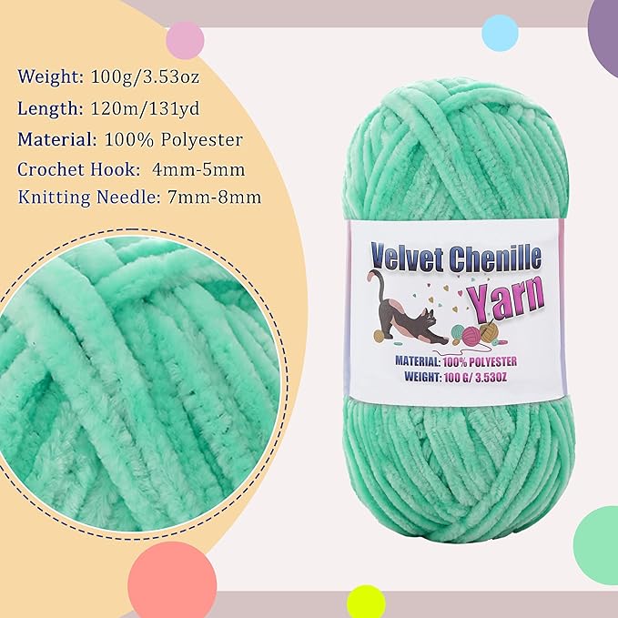 4 * 100g Fluffy Velvet Chenille Yarn for Crocheting and Knitting, Handcrafts Weaving Soft Chenille Yarn for Crocheting Clearance, Used for Making Baby Yarn Blanket, Clothes, DIY Craft (Cyan Green)