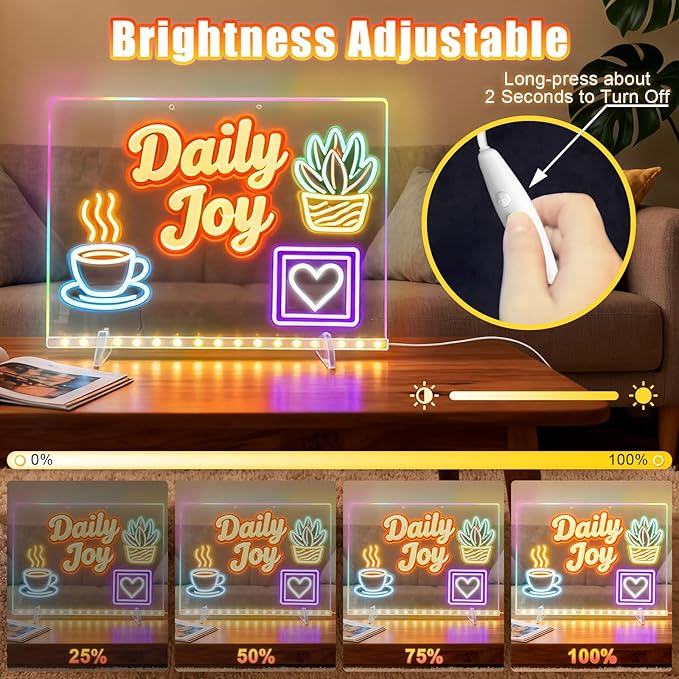 LED Note Board with Colors, 13.7"X10" 6 Modes & 8 Colors Acrylic Dry Erase Boards with Light, Include Adapter, Hanging Chain, Led Drawing Board for Kids with Stand,7 Markers, Spray Bottle