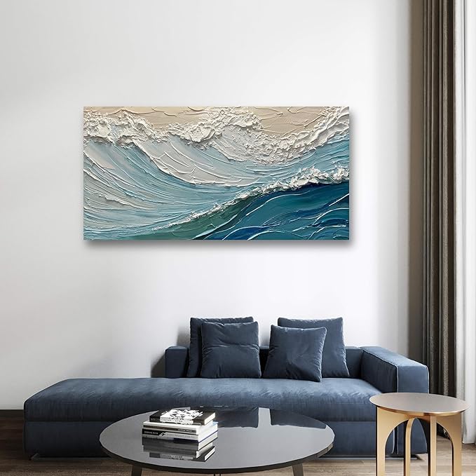 V-inspire Art,24x48 Inch Hand drawn Oil Painting, Modern Home Canvas Wall Decoration - The Surging Waves - Abstract Mural Painting