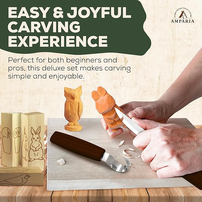 Wood Carving Kit – 28Pcs Whittling Knife Set with 9 Knives, Basswood Blocks w/Carved Guides, Safety Gloves, Whetstone, Stropping Leather & Roll Bag – AMPARIA Premium Tools for Beginner & Professional