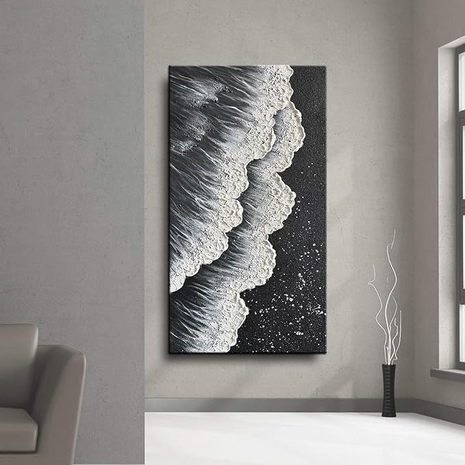 YaSheng Art - Oil Painting on Canvas Texture Black and White Ocean scenery sandbeach 3D Oil Painting Hand-Painted Abstract Artwork Paintings Modern Home Decor Living room sofa bedroom dining room hanging pictures Canvas Wall Art 24x48inch