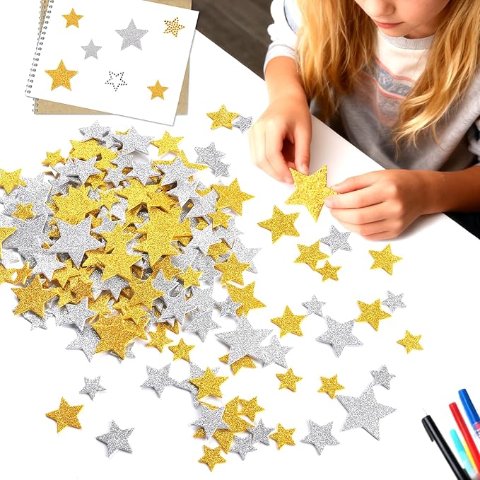 YGDZ Foam Star Stickers Gems Stick On Set, Gold Silver Glitter Star Self Adhesive for Crafts, Rhinestones Jewel Stick On for Posters, Christmas Home Decor, Craft Supplies for Kids