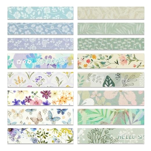 YUBX Spring Washi Tape Set 16 Rolls Flowers Printed Embellishment Green Decorative Masking Tapes for Arts, DIY Crafts, Journals, Planners, Scrapbook, Wrapping