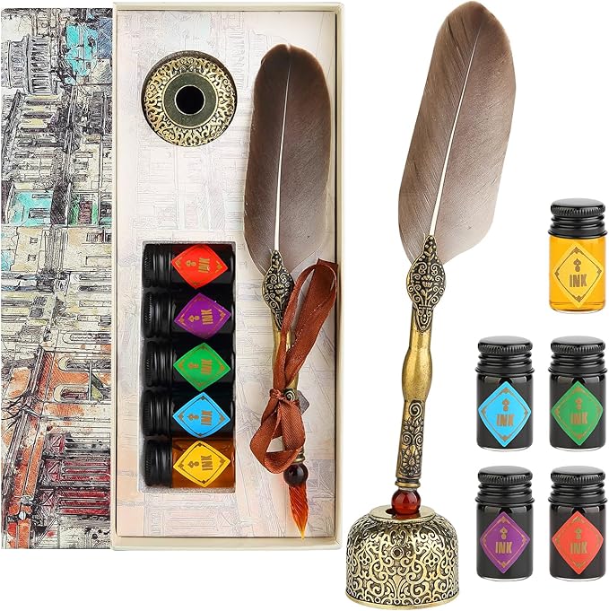 GC QUILL Feather Glass Dip Pen and Ink Set, Glass Calligraphy Pen with 5 Colors Ink and Pen Holder for Writing Drawing– MU-21