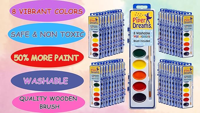 36 Pack of Watercolor Paint Sets for Kids - Quality Wood Brush - Washable - Nontoxic - 8 Vibrant Colors - Closable Lid