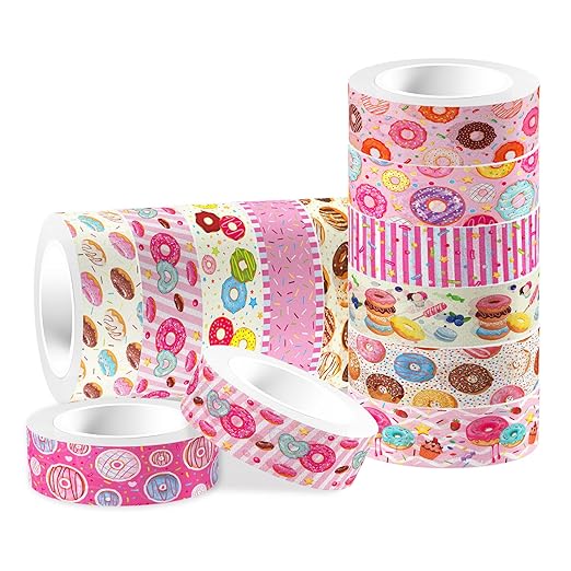 Donut Washi Tape Set 12 Rolls, Candy Cake Themed DIY Decorative Tape for Scrapbook Decorating, Art Journaling Accessories and Craft Projects