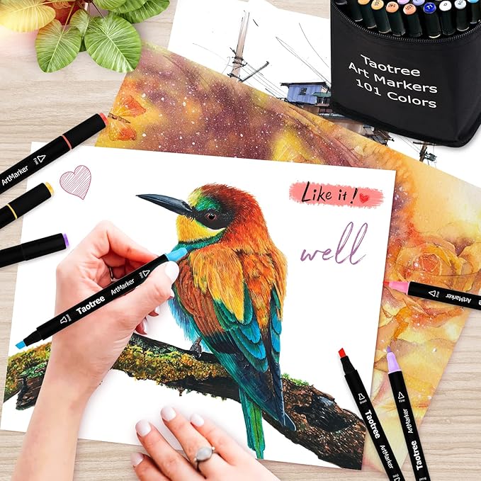 Taotree Alcohol Markers, 101 Colors Dual Tips Art Markers Pens Set, Chisel & Fine Sketch Pens, Art Supplies Kit for Artist Adult Coloring Books Colors, Painting, Drawing, Blending and Sketching