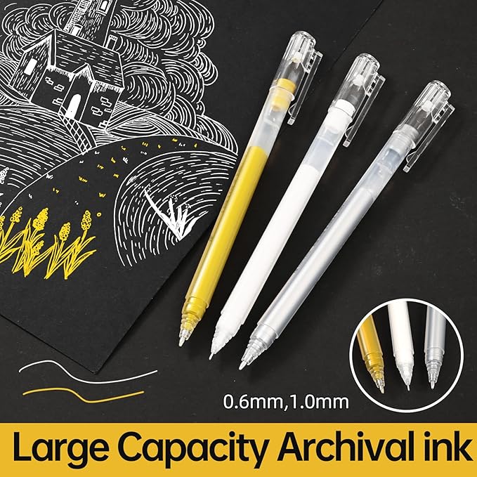 Gold Silver White Gel Pens - 0.6/1.0mm Extra Fine Point,White Ink Pens, Opaque Archival Ink Pen Set for Black Paper Art, Holiday Gifts & Bullet Journaling,Gel Pens for Artists, Card Making,Sketching