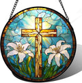 Christian Gifts for Women - Cross Stained Glass Window Hanging Jesus Easter White Lily Flower Sun Catcher Garden Religion Decor Mother's Day Catholic Gift for Men Grandma Mom Her Nana 9.8"