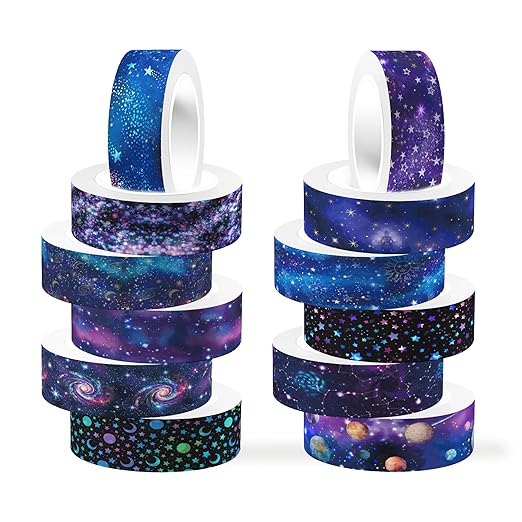 12 Pcs Starry Sky Washi Tape Set Starry Sky Galaxy Washi Tapes Space Themed Patterned Masking Tape Sets Starry Sky Decorative Paper Sticker for Scrapbook DIY Craft Gift Wrapping Handbook Sticker