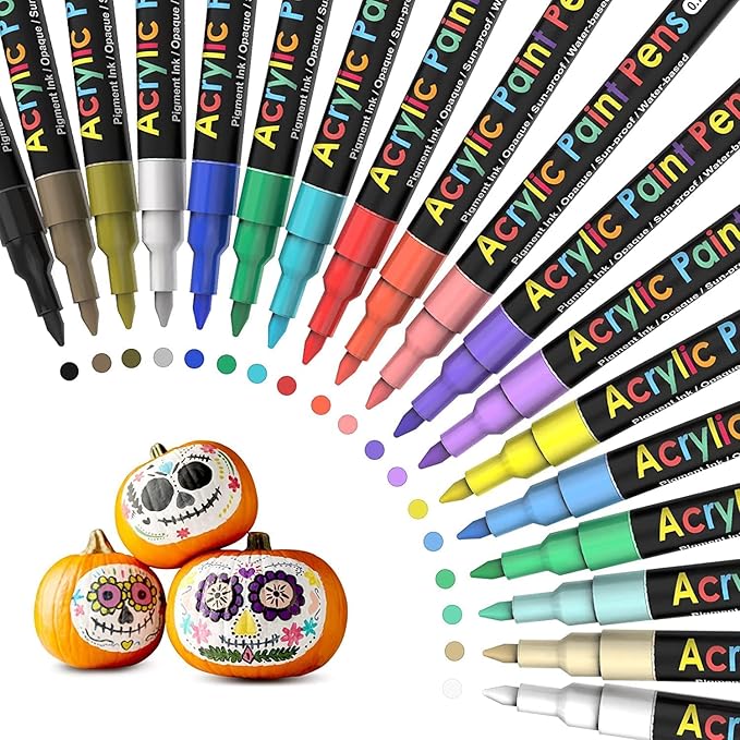 JR.WHITE Acrylic Paint Pens Paint Markers Set of 18: Fine Point for Rock Painting Glass Wood Ceramic Fabric Metal Canvas Easter Eggs Pumpkin Kit, Drawing Art Crafts for Adults Scrapbooking Supplies