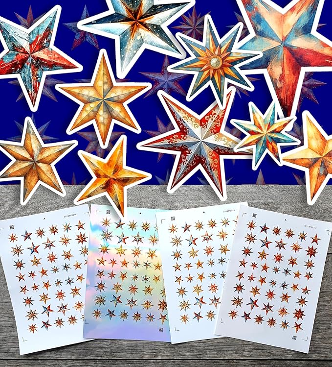 Stickers Pack (Over 150 Stickers) Gorgeous Brass and Golden Star Decorations Vintage Styled Small Vinyl Stickers White Holographic Transparent
