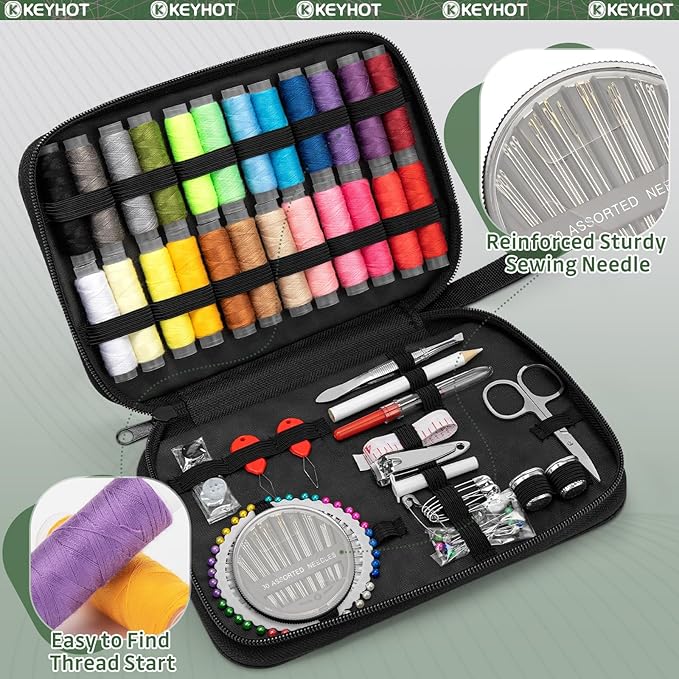 KEYHOT Sewing kit Basic,Needle and Thread Kit,Travel Small Sewing Machine Supplies for Adults Beginners Men, Home Travel Emergency Including Scissors Measure Tape Needle Threader (130pcs)