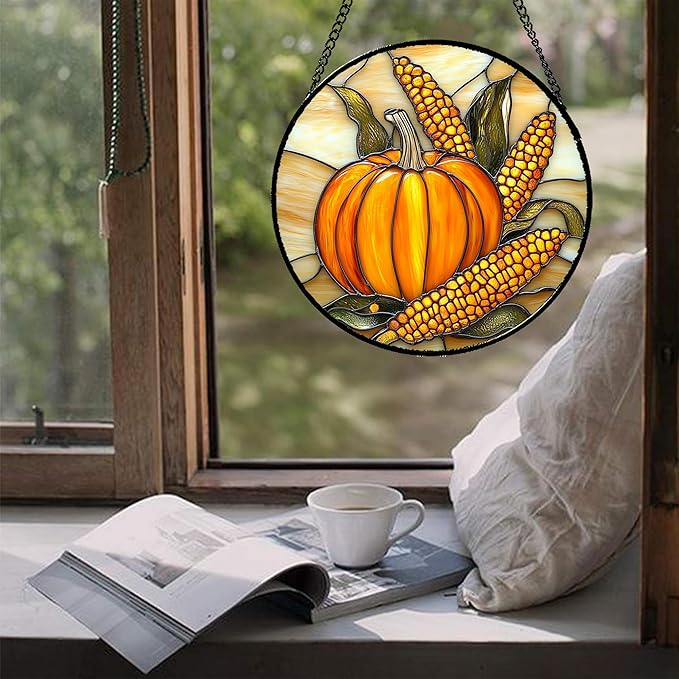 Stained Glass Window Hanging Autumn Harvest Pumpkin Corn Large 15" - Suncatcher Door Garden Kitchen Sunroom Sun Catcher Fall Home Decor Birthday for Mom Grandma Men Woman