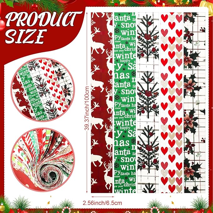 60 Pcs Christmas Quilting Fabric Roll 2.6 x 40" Cotton Fabric Strips Precut Jelly Patchwork for Craft Sewing(Holiday)