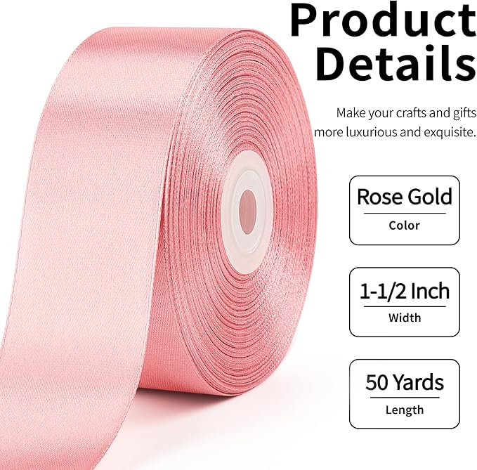 1-1/2 Inch Wide Rose Gold Satin Ribbon, 50 Yards Solid Polyester Fabric Ribbon for Roses Making, Gift Wrapping, Valentine's Day, Wedding Decorations, Crafts, Bows