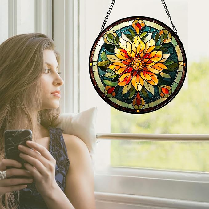 Stained Glass Window Hanging - Retro Yellow Flower Suncatcher for Door Garden Home Decor Dahlia Sun Catcher Christmas Birthday for Lovers Friend Women Mom Nana 6.3 in