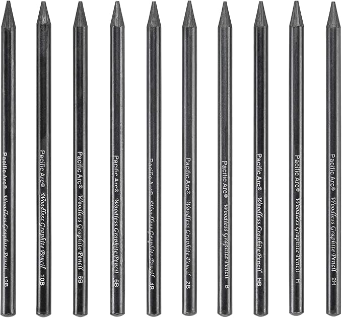 Pacific Arc Woodless Graphite Pencil 6 Pack Set, 12B, 10b, 8B, 6B, 4B, & 2B, for Sketching, Drawing, Coloring and Art