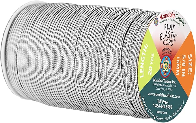 Mandala Crafts 16mm 20 Yds Roll of Metallic Silver Elastic Bands for Sewing - 5/8 Flat Elastics Cord - 5 8 Inch Braided Stretch Straps for Crafting