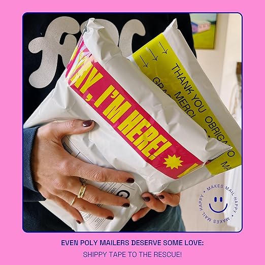 Cool Decorative Packing Tape for Small Business, Cute Designer Printed Packaging and Shipping Tape, Yay I'm Here!, Neon Pink Yellow, 1.88" x 110 Yards (330 feet)