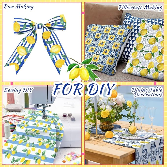 HunnmingRe 20 Pcs 10''x10'' Lemon Quilting Fabric Square Chinoiserie Quiltted Fabric Bundle Blue White Yellow Floral Precuts Printed Patchwork Supplies for Holiday DIY Sewing Craft