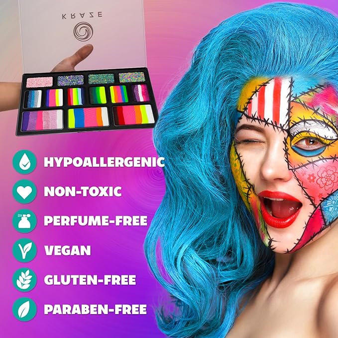 Kraze FX Bold and Brilliant Palette by Jacqueline Howe Professional Face Painting Split Cake Palette, Water Activated, Hypoallergenic, Halloween Party Makeup Face Paint Kit for Kids & Adults