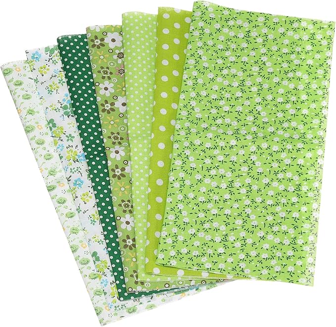 PATIKIL Cotton Fabric Bundles, 7 Pcs 20 x 20 Inch Pure Cotton Fat Quarter Floral Printed Precut Fabric Squares for Sewing Patchwork Quilting DIY Crafts, Green